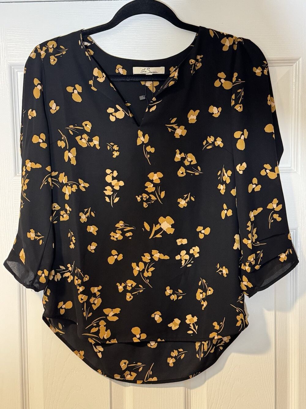 Les Serein Black Floral Blouse 3/4 Sleeve - Women's Size XS